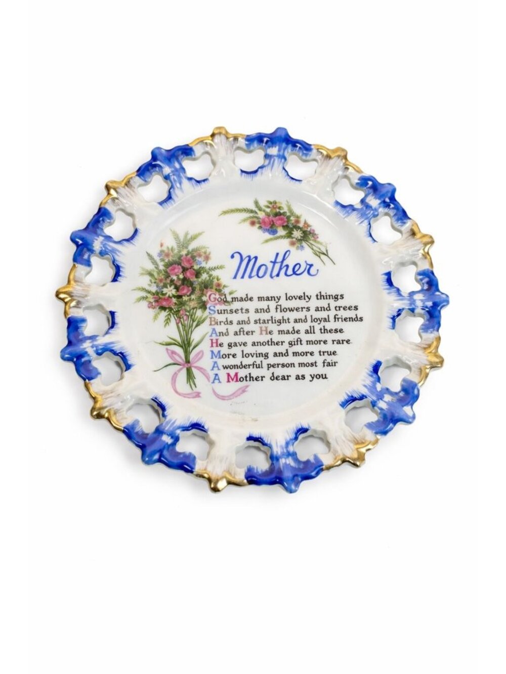 Gallery Wall Plate Sentimental Mother Poem Porcelain Floral Scalloped Pierced